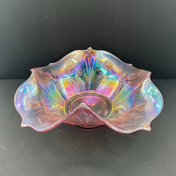Fenton Pink iridescent Pineapple Round Ruffled 13 1/2" Bowl,